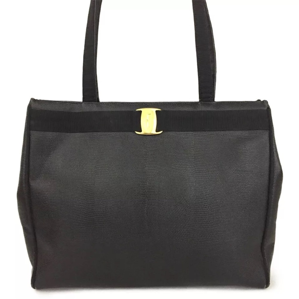 AUTH Salvatore Ferragamo Vara Bow Leather Shoulder Tote Bag Black
